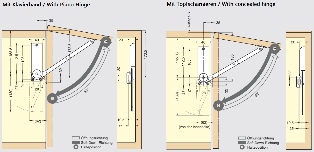 Højkvalitets klappeholder, overflade: hvid, version: højre, HDS-30HR-WT. Robust klappestøtte til folde-ups, køkkenmøbler og meget mere, af Sugatsune / LAMP® (Japan) - Billede 2