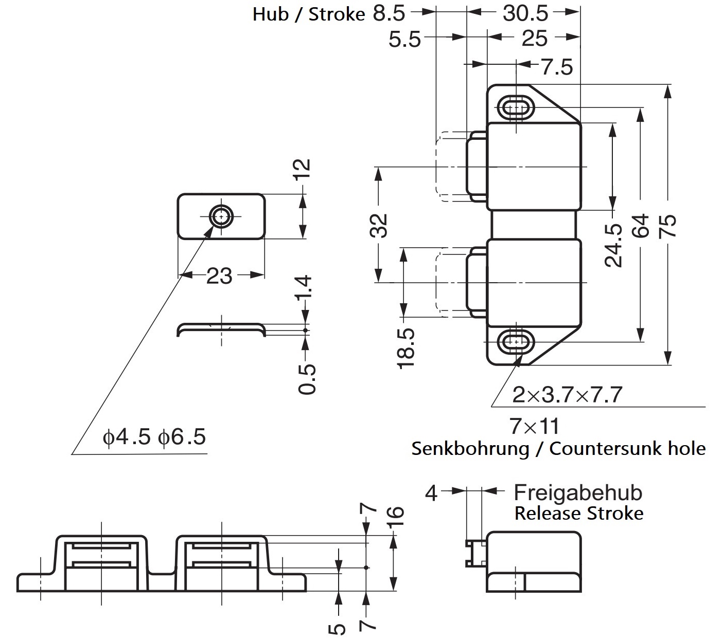 Kompakt magnetisk snapklap, inkl. bordplade, overflade: brun, 25 mm (63/64"), udførelse: med 2 stempler, ML-30WBR. Dobbelt døråbner til møbellåger, skabslåger og meget mere, af Sugatsune / LAMP® (Japan) - Billede 2