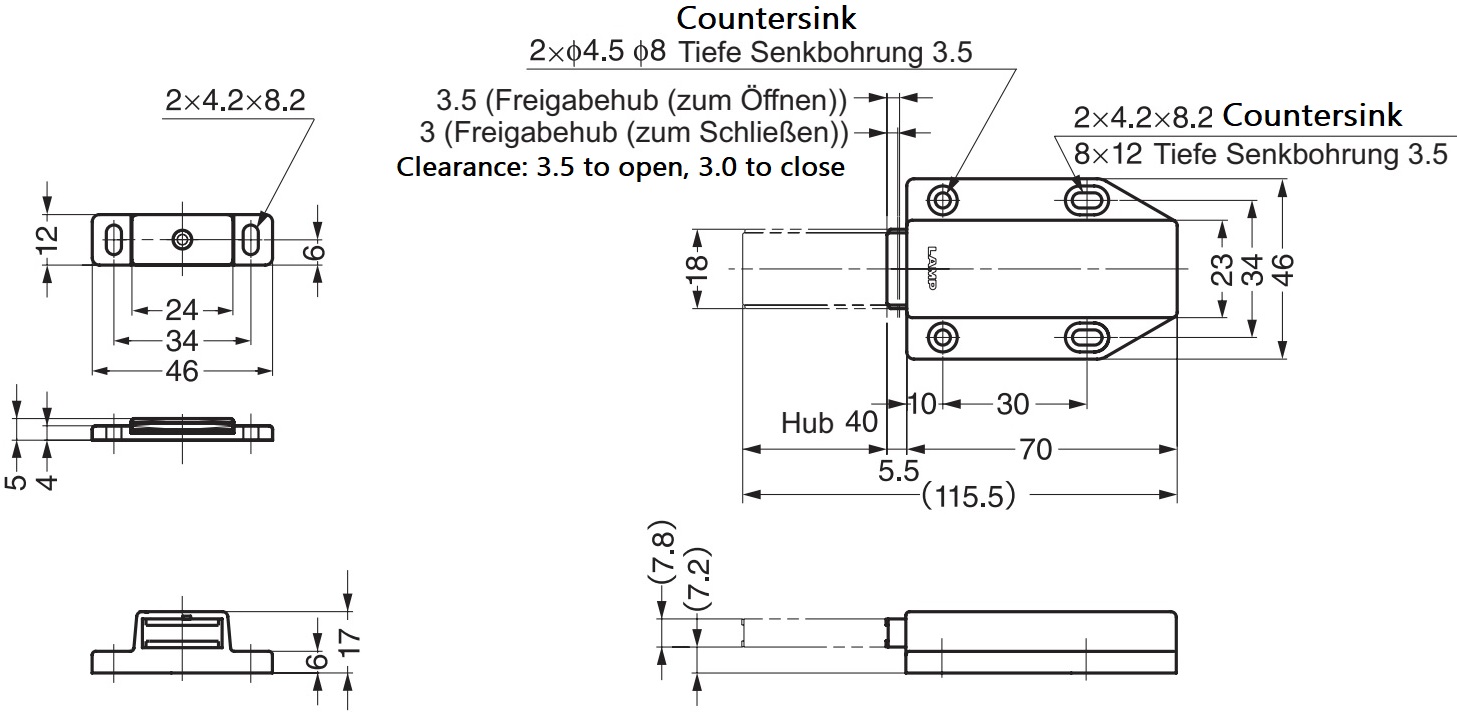 2 stk. magnetiske snaplåse, inkl. bordplade, overflade: sort, 70 mm (2-3/4"), udførelse: med langt stempel, ML-120BL. Push-to-open døråbner til møbellåger, skabslåger og meget mere, af Sugatsune / LAMP® (Japan) - Billede 2