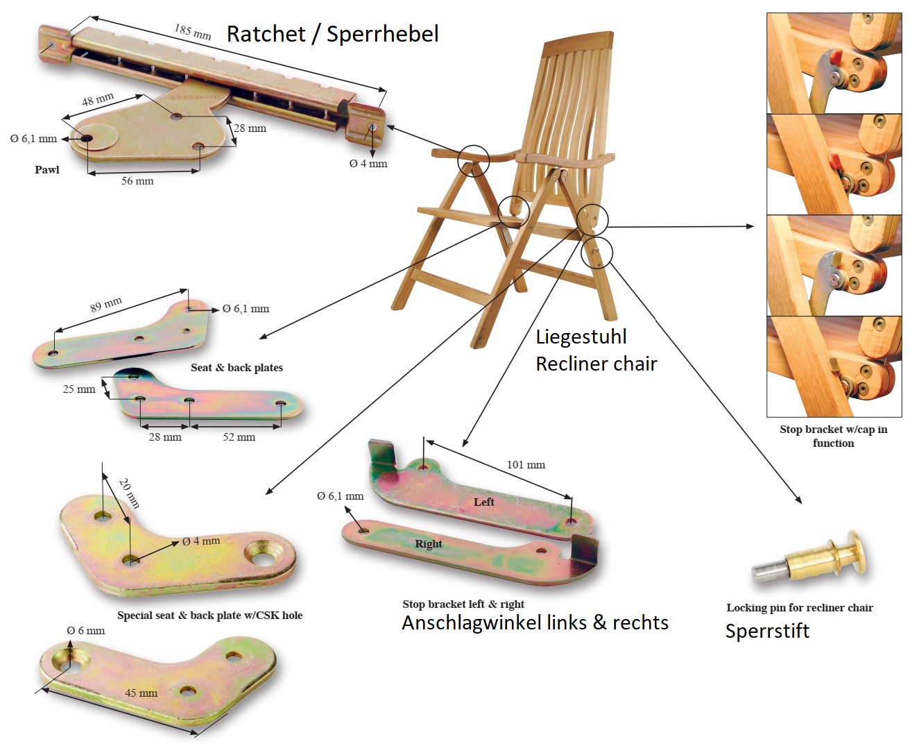 Praktisk låsehåndtag, fremstillet af robust stål, overflade: galvaniseret, gul, 185 mm (7.3"), 04.05.010. Pante til liggestol, liggestol, liggestol, havemøbler, havemøbler, havemøbler og meget mere, fra SISO Denmark - Billede 9