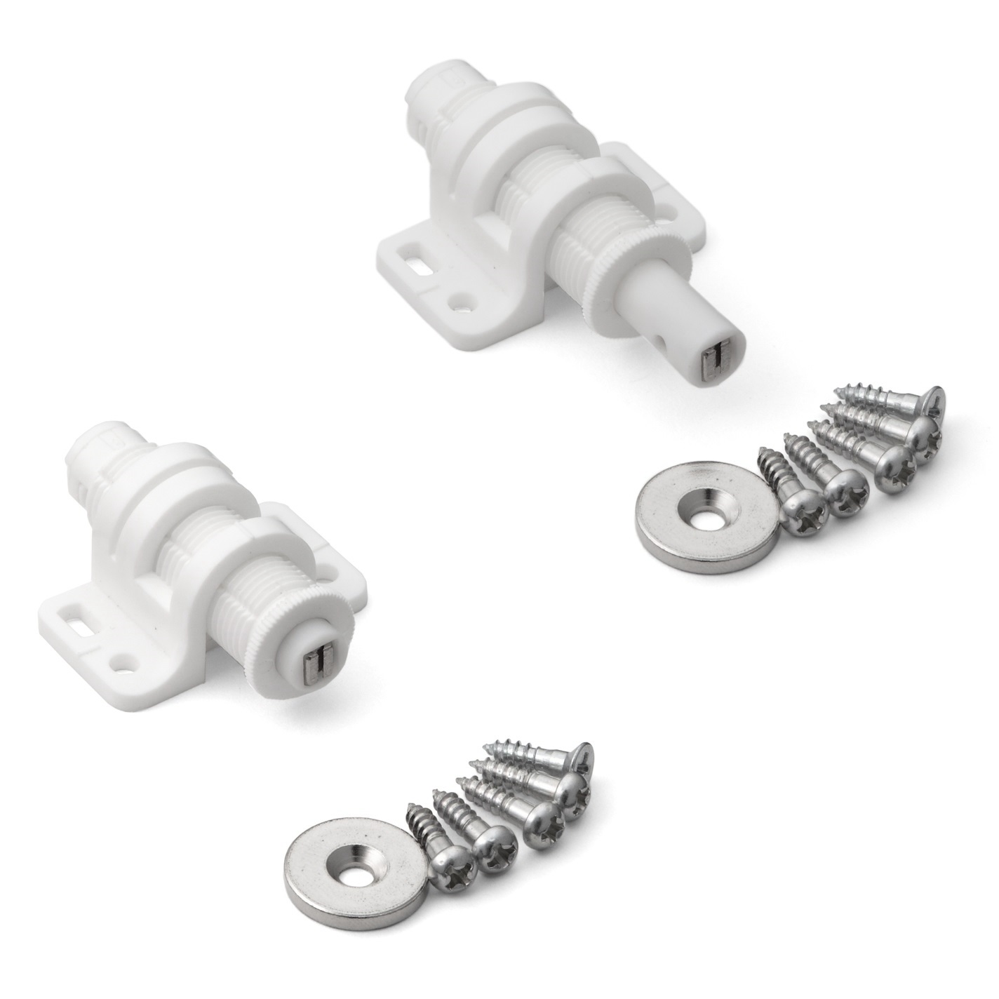 2 stk. rund magnetisk snapklap med justeringsmulighed, inkl. bordplade, overflade: hvid, MC-25WT. Push-to-open døråbner til møbellåger, skabslåger og meget mere, af Sugatsune / LAMP® (Japan)