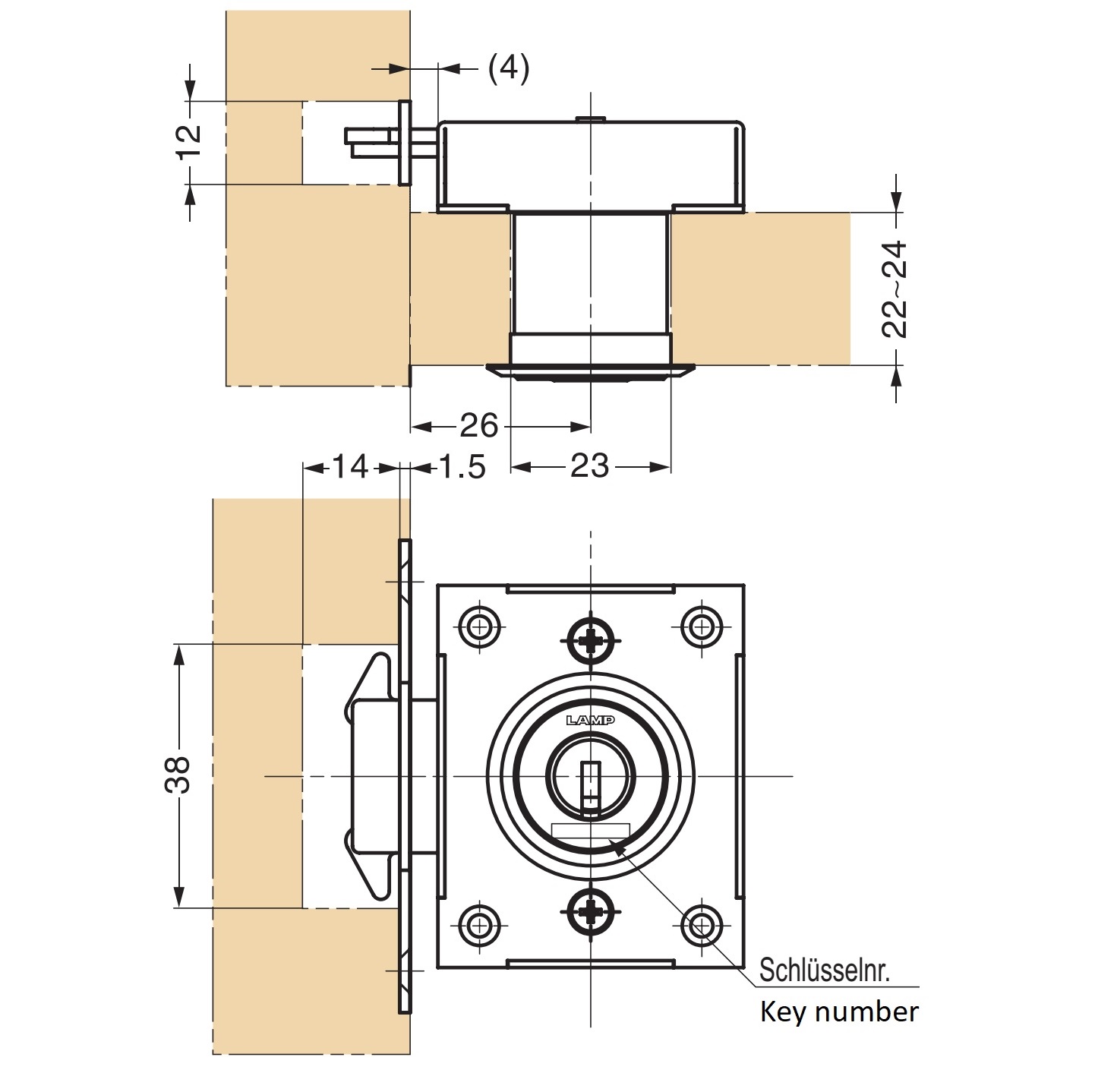 Skydedørslås, lavet af SUS304 rustfrit stål, overflade: forkromet, version: med nøgle, 7810K-24-CR-R-D. Rulleskoddelås til skydedør og meget mere, af Sugatsune / LAMP® (Japan) - Billede 3