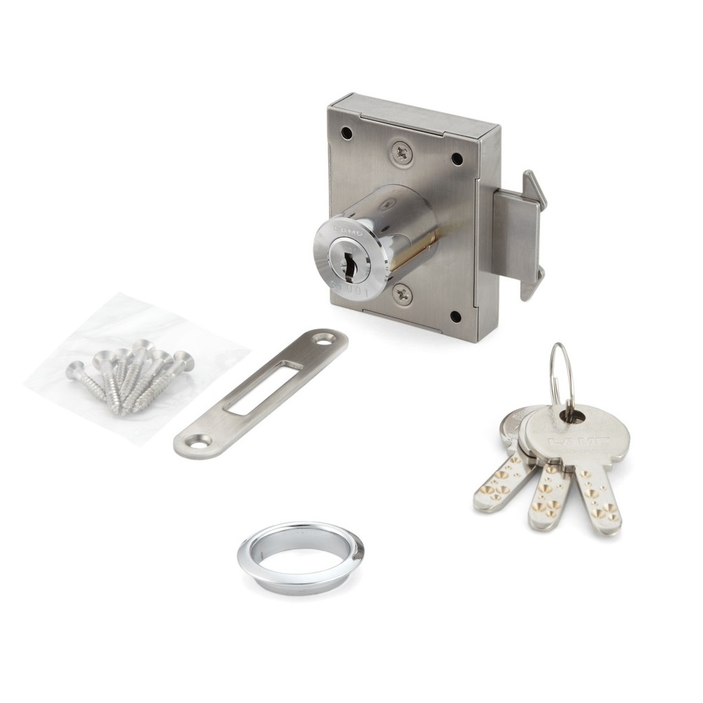 Skydedørslås, lavet af SUS304 rustfrit stål, overflade: forkromet, version: med nøgle, 7810K-24-CR-R-D. Rulleskoddelås til skydedør og meget mere, af Sugatsune / LAMP® (Japan)