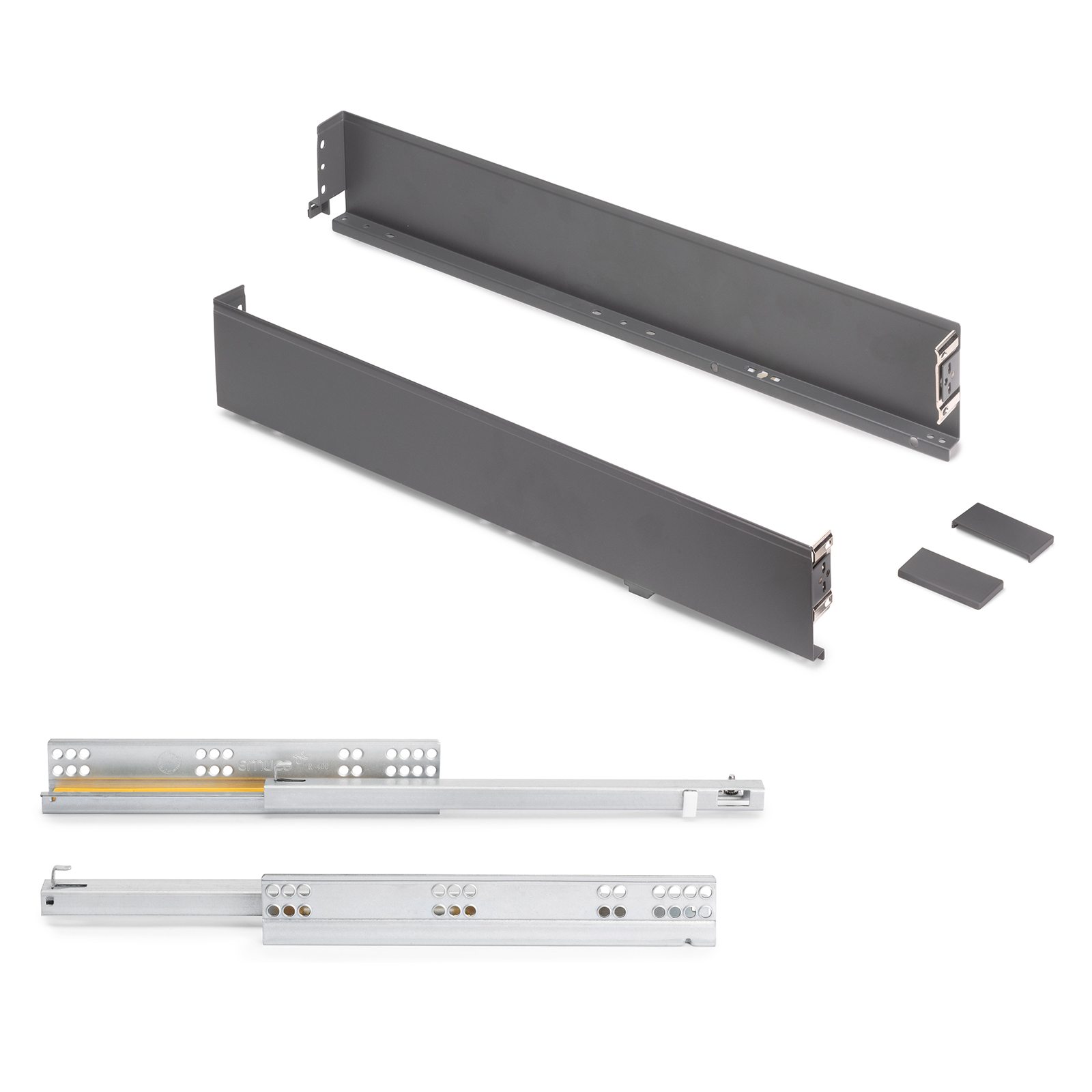 Schubkasten Set, mit extra dünnen Zargen, Höhe: 88 mm, 3275235, Schubladentiefe: 390 mm, von EMUCA, anthrazitgrau, Ausführung: Teilauszug mit Push-to-open. Produktbild