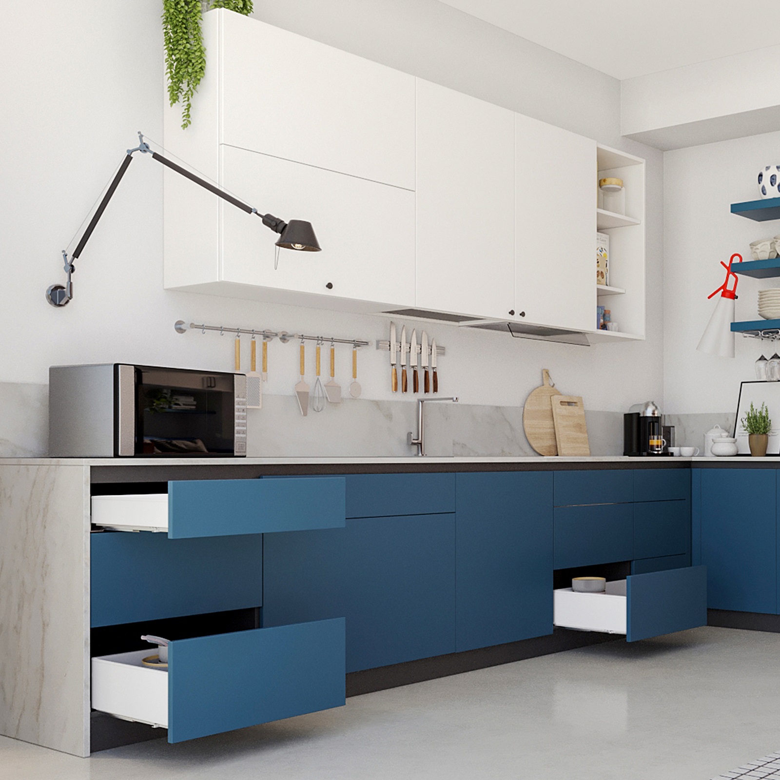 Skuffesæt, med ekstra tynde rammer, højde: 88 mm (3-15/32"), overflade: hvid, 490 mm (19-19/64"), version: delvis forlængelse med skubbe-til-å-åbne, 3275412. skuffesæt til køkkenmøbler og meget mere, af EMUCA - Billede 2