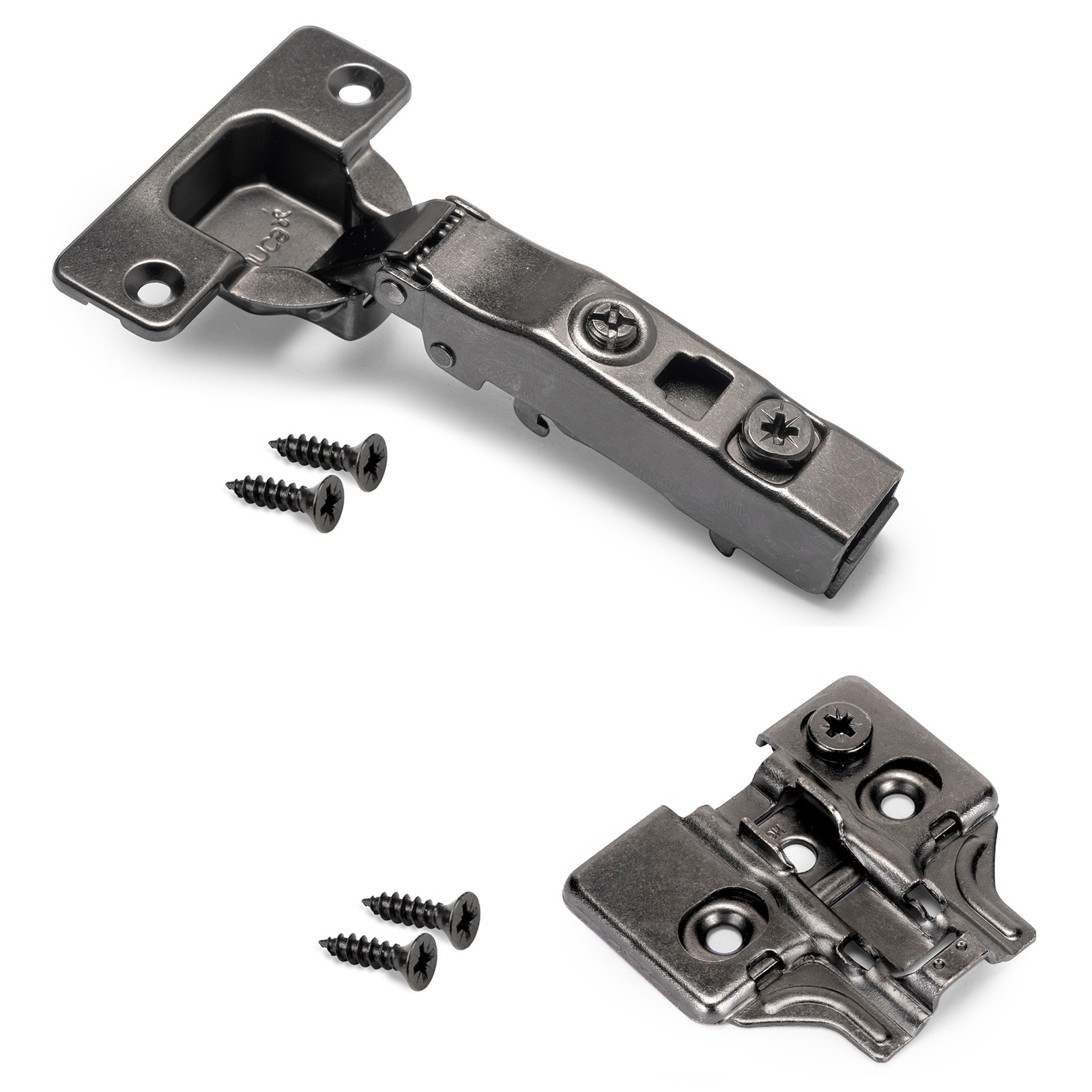 Kophængsel, soft-close, clip-on montering, 3D justerbar, inkl. monteringsplade, overflade: sort nikkel, version: overflademonteret, 1040052. grydehængsel til møbler, skabe og meget mere, af EMUCA